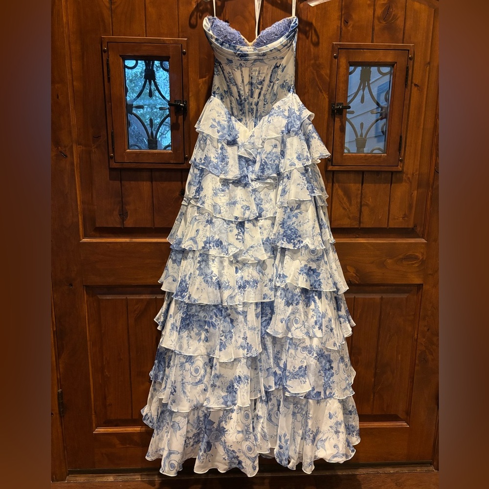 Sherri Hill Strapless Blue Floral Gown - Picture 5 of 16